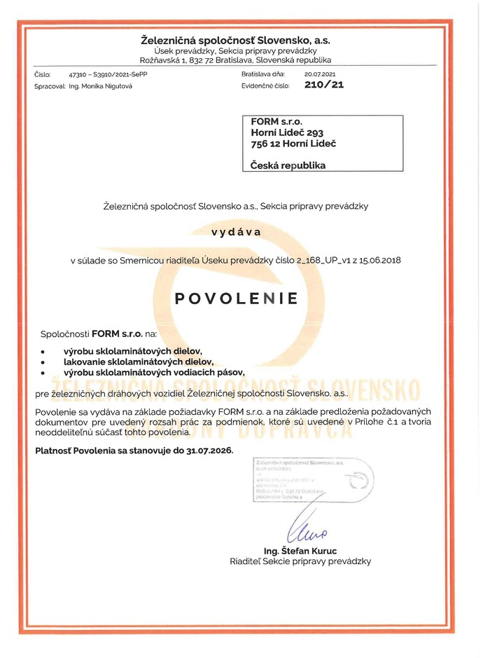 Certificat de la Société de chemins de fer slovaques (ŽZSK)